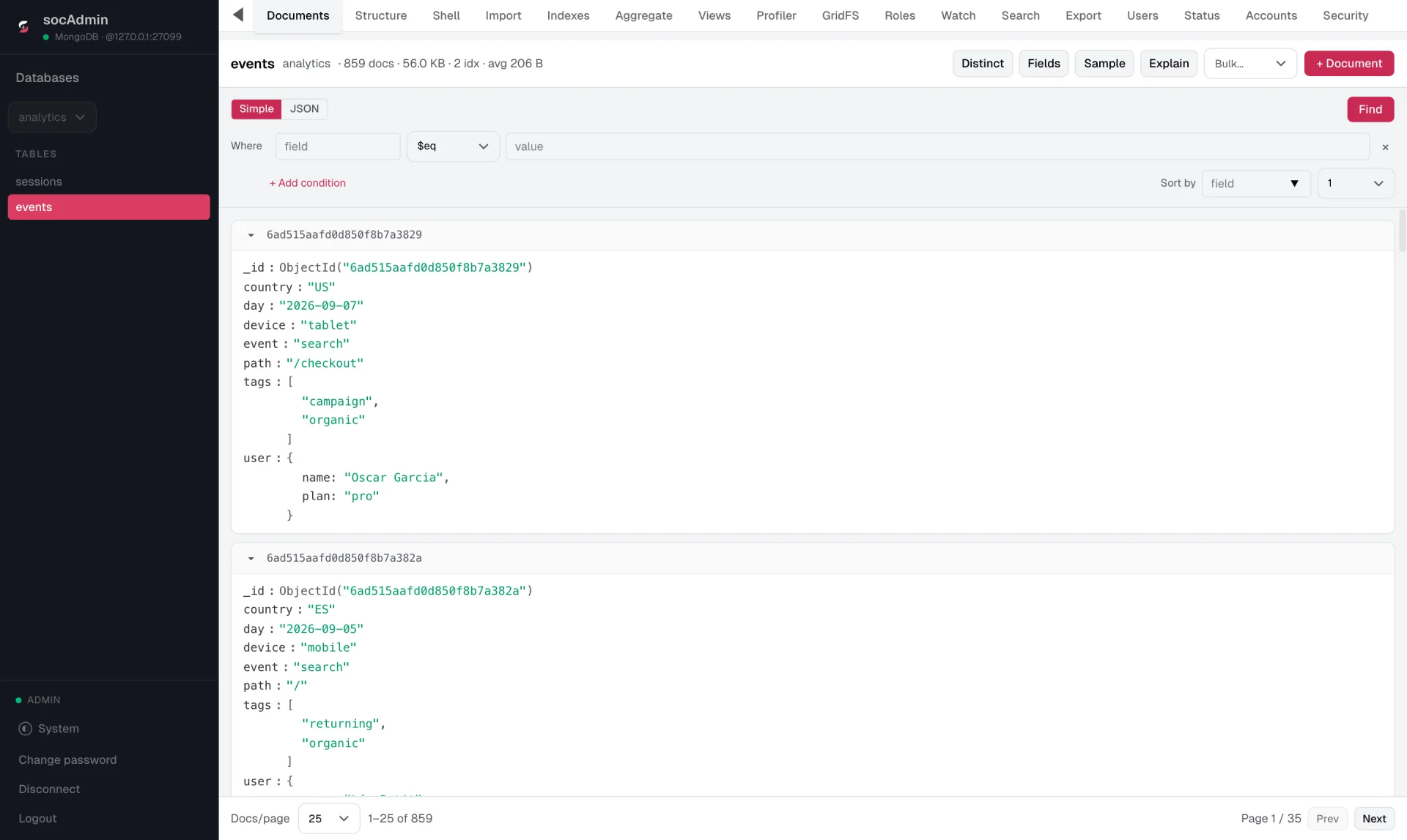 socAdmin browsing an events collection in MongoDB, showing nested documents and arrays